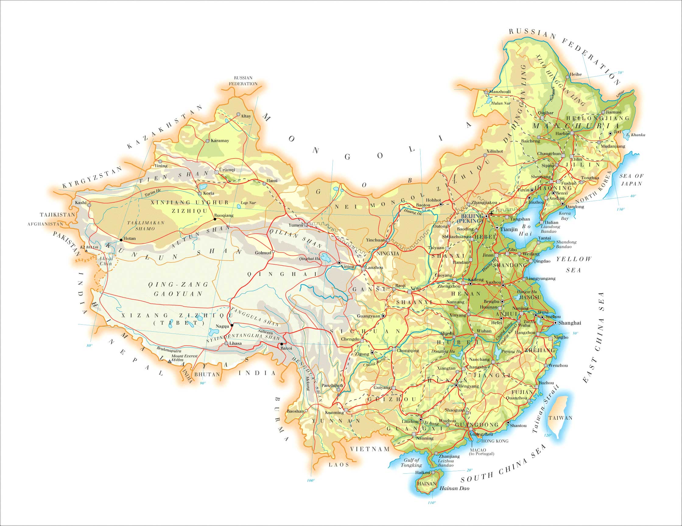 Карта китая на русском. Китай карта географическая. Топографическая карта Китая. Физическая карта Китая. Географическая карта Китая с реками.